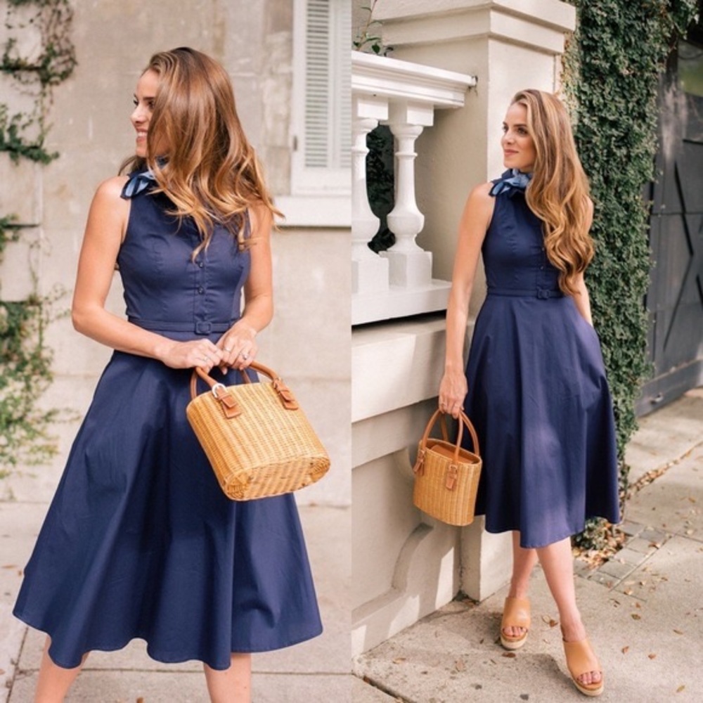 Gal Meets Glam Navy Rose Dress Sleeveless Collared